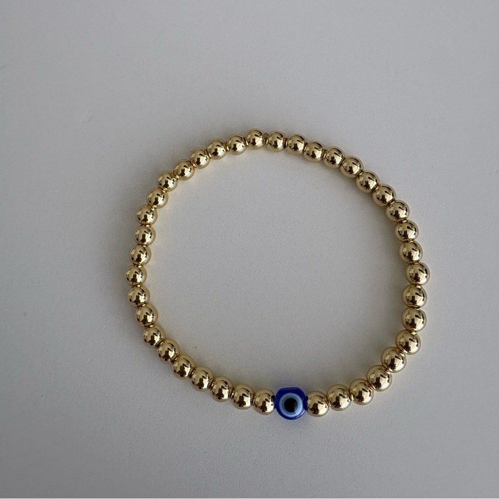 Gold Beaded Bracelet with Blue Evil Eye Bead - Picture 3 of 4